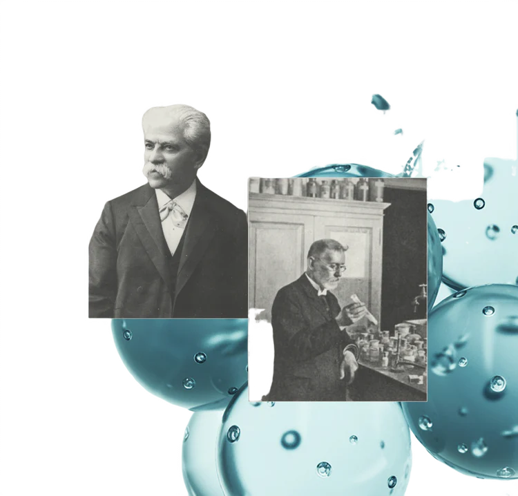 Two black-and-white portraits of men, set against a background of blue bubbles.
