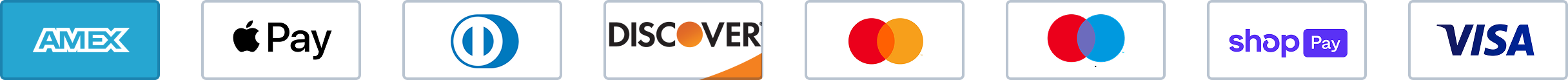 Payment methods: Amex, Apple Pay, Diners Club, Discover, Mastercard, Maestro, Shop Pay, Visa